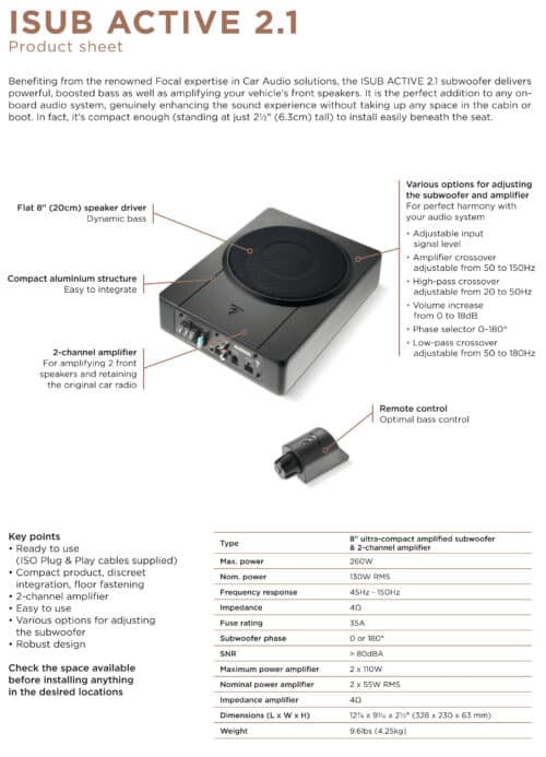 FOCAL ISUB ACTIVE 8INCH UNDERSEAT COMPACT ACTIVE SUBWOOFER! - Image 2